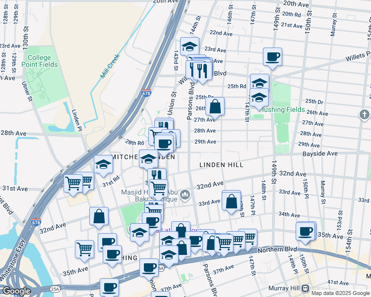 map of restaurants, bars, coffee shops, grocery stores, and more near 143-04 29th Road in Queens
