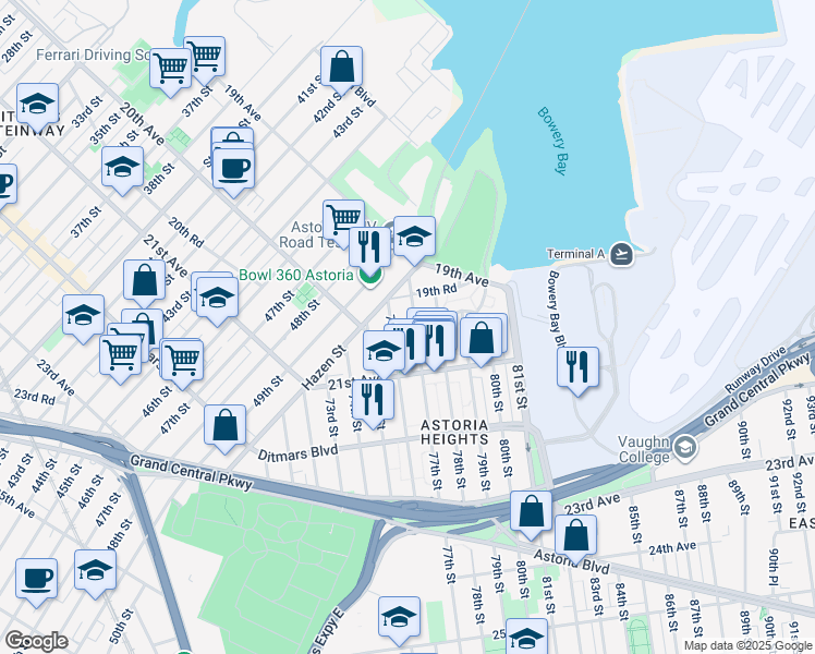 map of restaurants, bars, coffee shops, grocery stores, and more near 19-72 77th Street in Queens