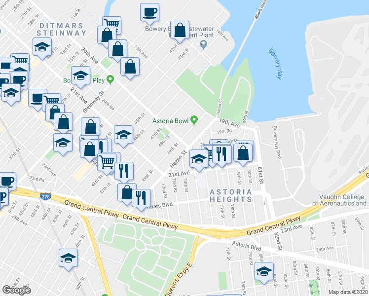 map of restaurants, bars, coffee shops, grocery stores, and more near 20-20 Hazen Street in Queens