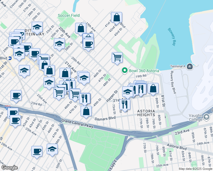 map of restaurants, bars, coffee shops, grocery stores, and more near 20-44 49th Street in Queens