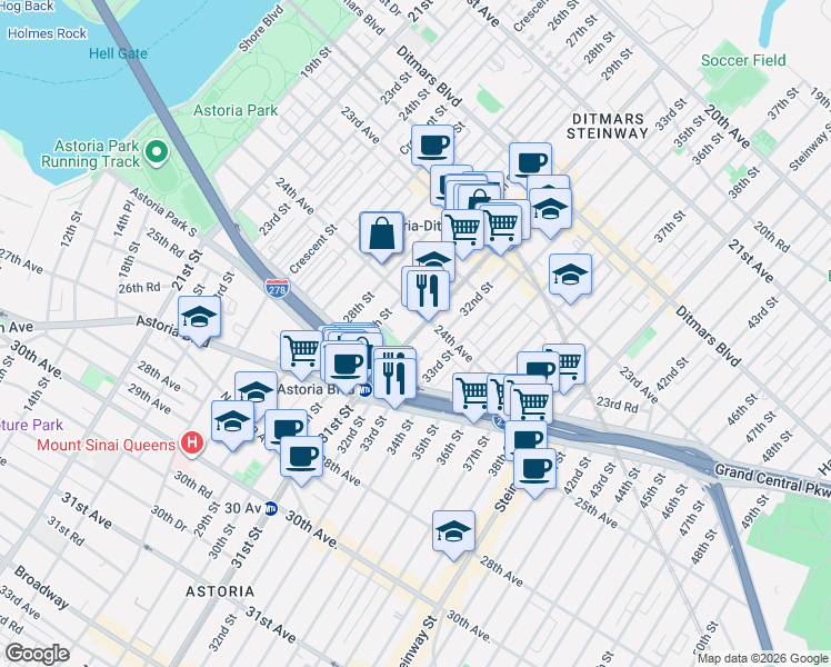 map of restaurants, bars, coffee shops, grocery stores, and more near 24-20 32nd Street in Queens