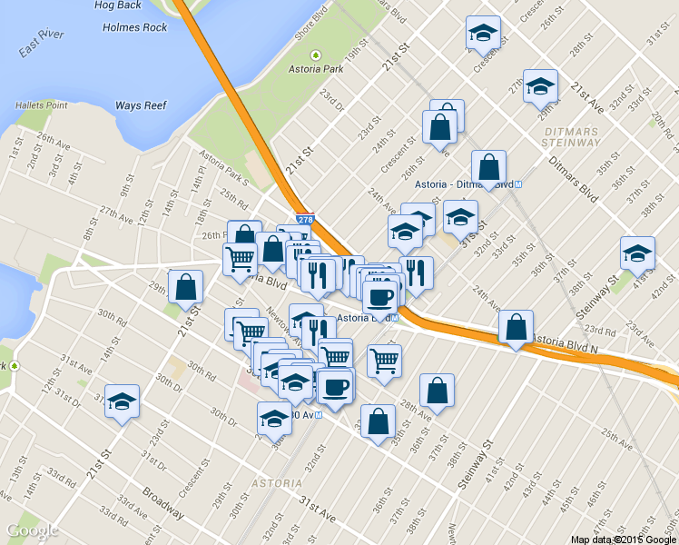 map of restaurants, bars, coffee shops, grocery stores, and more near 27-14 Hoyt Avenue South in Queens