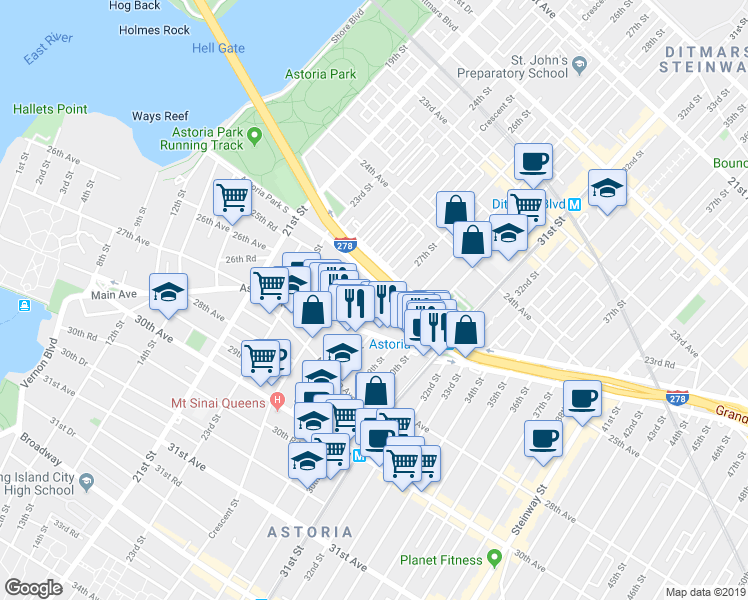 map of restaurants, bars, coffee shops, grocery stores, and more near 27-14 Hoyt Avenue South in Queens