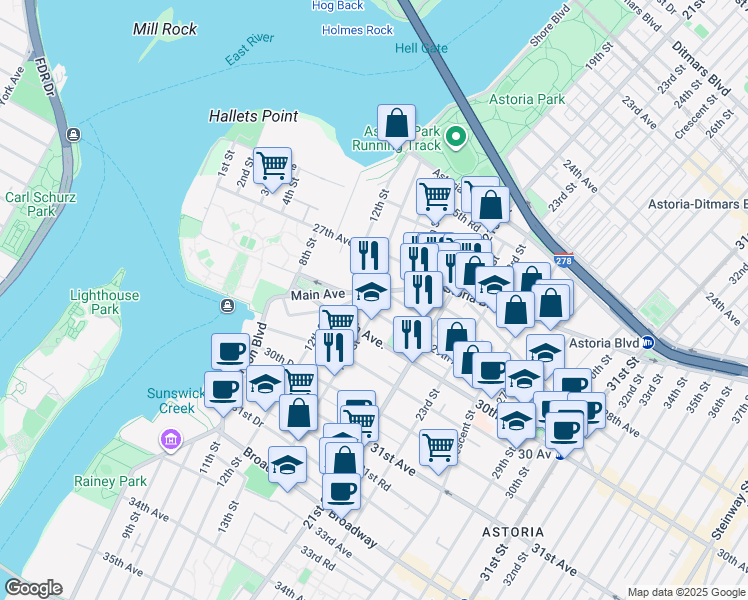 map of restaurants, bars, coffee shops, grocery stores, and more near 28-15 14th Street in Queens