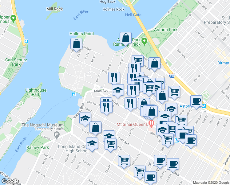 map of restaurants, bars, coffee shops, grocery stores, and more near in Queens