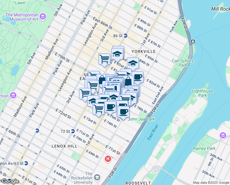 map of restaurants, bars, coffee shops, grocery stores, and more near 1483 1st Avenue in New York