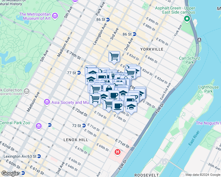 map of restaurants, bars, coffee shops, grocery stores, and more near 345 East 77th Street in New York