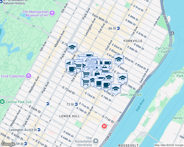 map of restaurants, bars, coffee shops, grocery stores, and more near 1460 2nd Avenue in New York