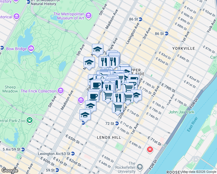 map of restaurants, bars, coffee shops, grocery stores, and more near 161 East 74th Street in New York