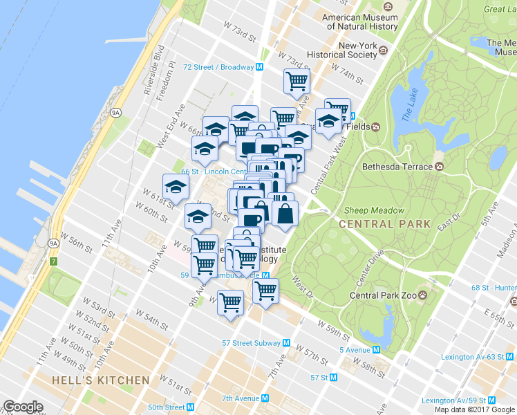 map of restaurants, bars, coffee shops, grocery stores, and more near in New York