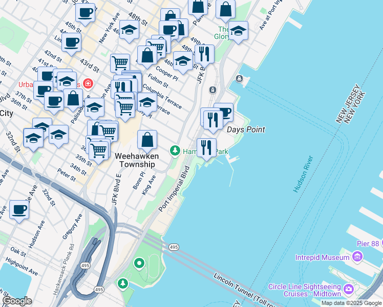map of restaurants, bars, coffee shops, grocery stores, and more near 33 Regency Place in Weehawken