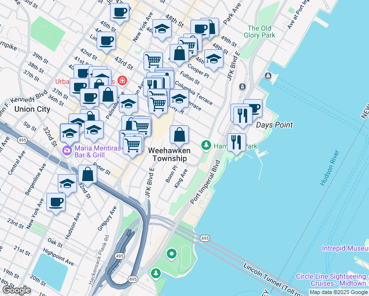 map of restaurants, bars, coffee shops, grocery stores, and more near in Weehawken