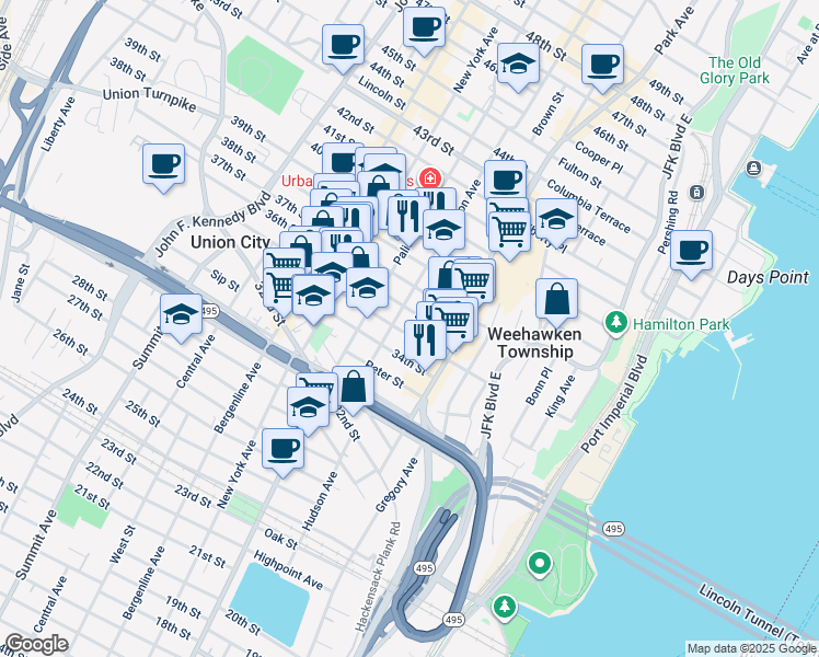 map of restaurants, bars, coffee shops, grocery stores, and more near 118 35th Street in Union City
