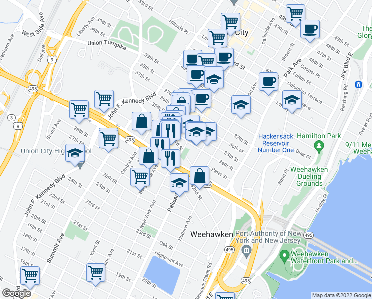 map of restaurants, bars, coffee shops, grocery stores, and more near in Union City