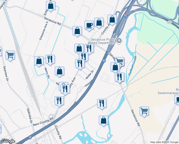 map of restaurants, bars, coffee shops, grocery stores, and more near 115 Moller Street in Secaucus