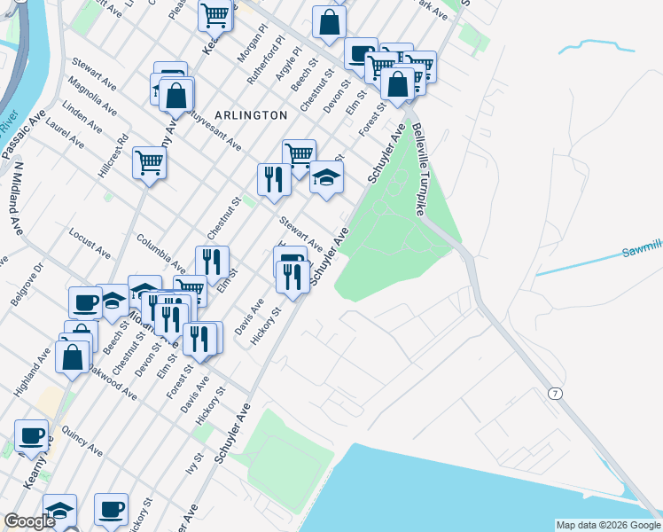 map of restaurants, bars, coffee shops, grocery stores, and more near 700 Schuyler Avenue in Kearny