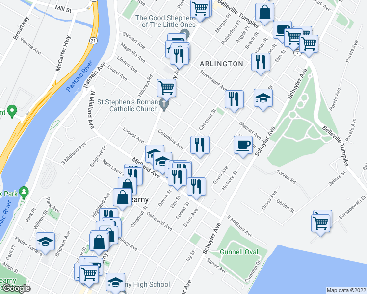 map of restaurants, bars, coffee shops, grocery stores, and more near 60 Columbia Avenue in Kearny