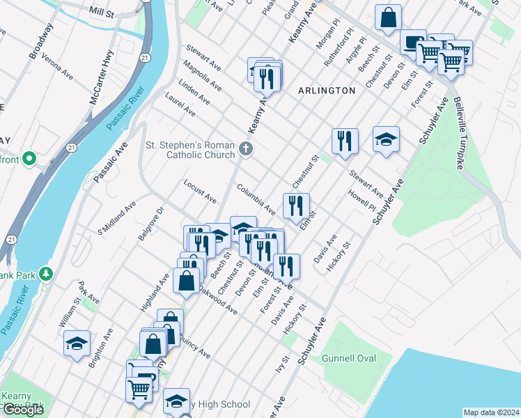 map of restaurants, bars, coffee shops, grocery stores, and more near 60 Columbia Avenue in Kearny
