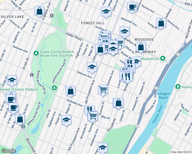 map of restaurants, bars, coffee shops, grocery stores, and more near 577 Mount Prospect Avenue in Newark