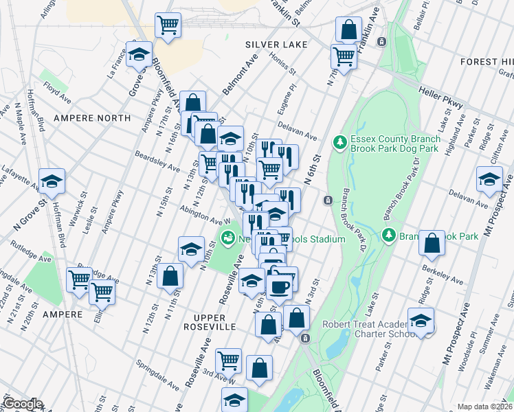 map of restaurants, bars, coffee shops, grocery stores, and more near 597 North 8th Street in Newark