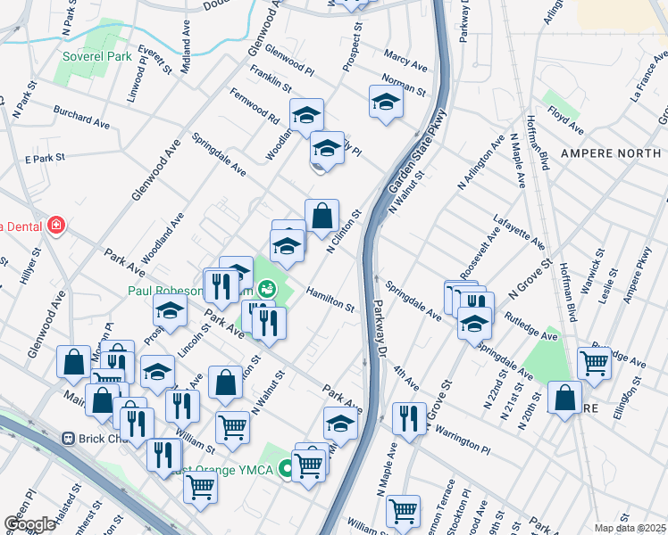 map of restaurants, bars, coffee shops, grocery stores, and more near 287 North Walnut Street in East Orange