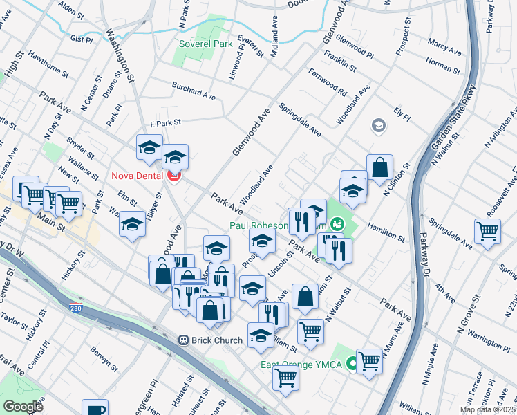 map of restaurants, bars, coffee shops, grocery stores, and more near 540 Park Avenue in East Orange