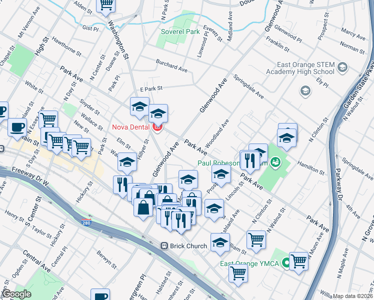 map of restaurants, bars, coffee shops, grocery stores, and more near 22 Chelsea Place in East Orange