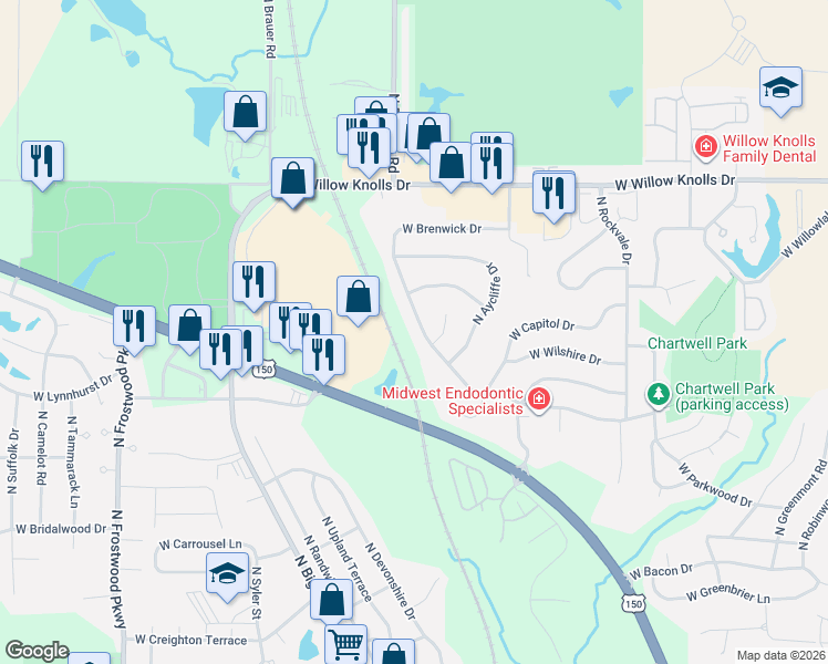 map of restaurants, bars, coffee shops, grocery stores, and more near 3698 West Chartwell Road in Peoria