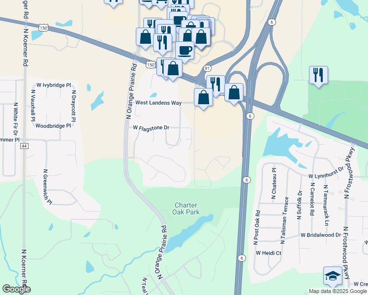 map of restaurants, bars, coffee shops, grocery stores, and more near 5301 West Briarstone Drive in Peoria