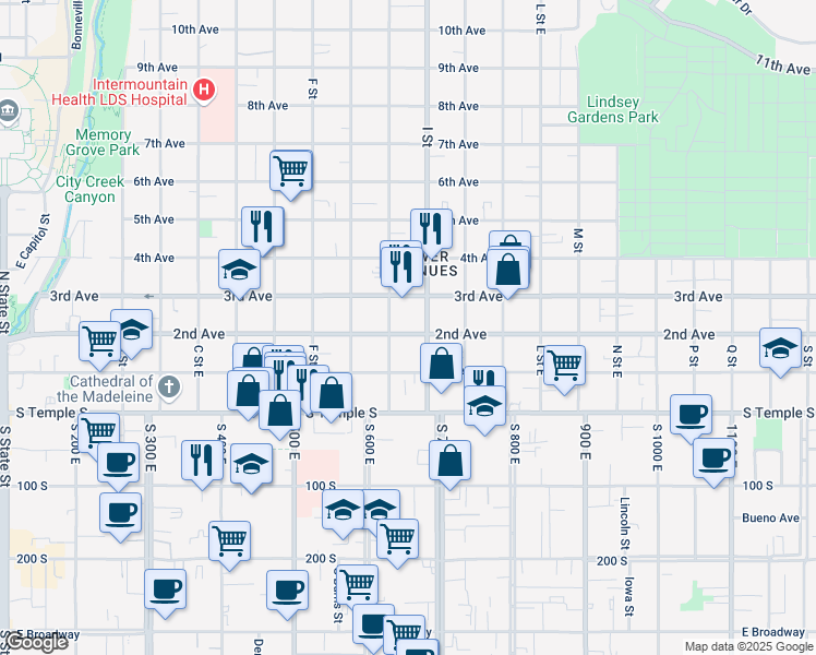 map of restaurants, bars, coffee shops, grocery stores, and more near 89 H Street in Salt Lake City