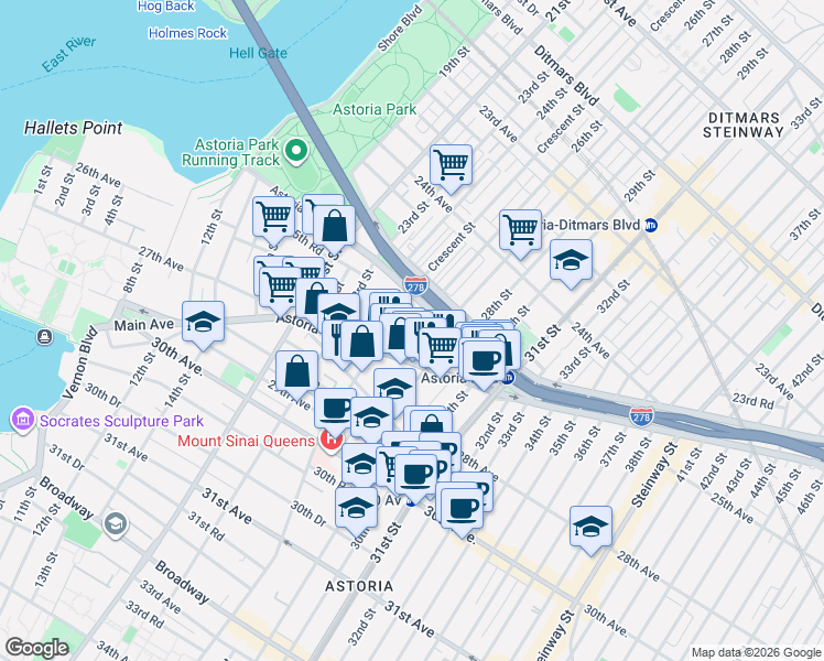 map of restaurants, bars, coffee shops, grocery stores, and more near 26-14 25th Road in Queens
