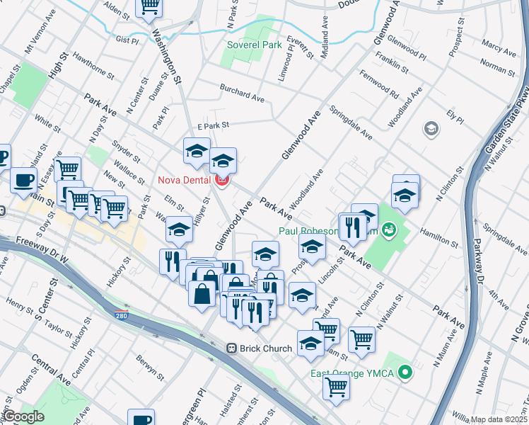 map of restaurants, bars, coffee shops, grocery stores, and more near 22 Chelsea Place in East Orange