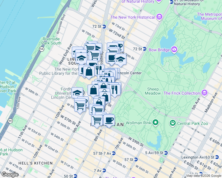 map of restaurants, bars, coffee shops, grocery stores, and more near in New York