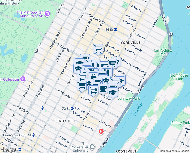 map of restaurants, bars, coffee shops, grocery stores, and more near 315 East 77th Street in New York