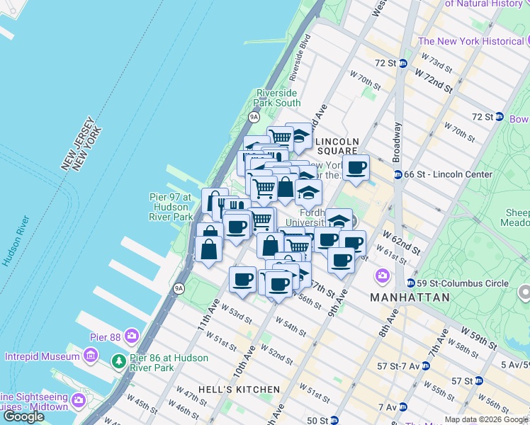 map of restaurants, bars, coffee shops, grocery stores, and more near 10 West End Avenue in New York