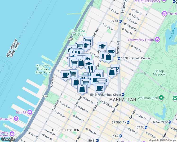 map of restaurants, bars, coffee shops, grocery stores, and more near 210 West 61st Street in New York