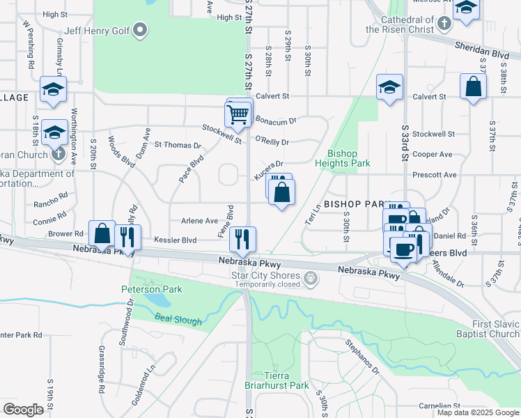 map of restaurants, bars, coffee shops, grocery stores, and more near 4100 South 27th Street in Lincoln