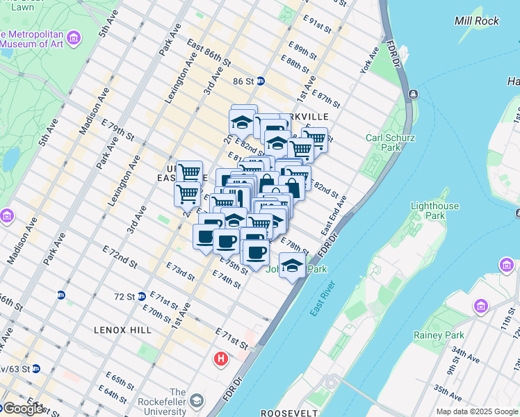 map of restaurants, bars, coffee shops, grocery stores, and more near 440 East 79th Street in New York
