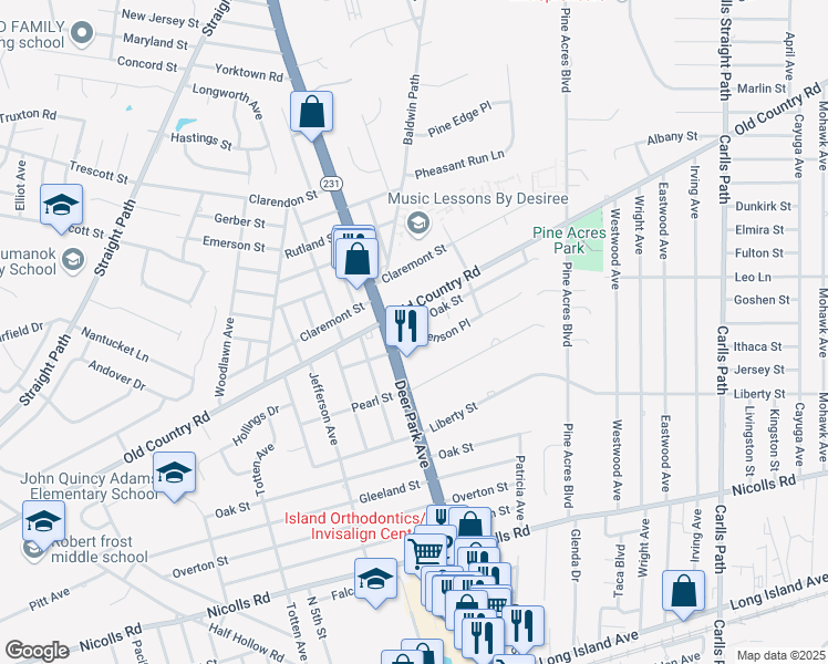 map of restaurants, bars, coffee shops, grocery stores, and more near 20 Mayflower Place in Deer Park