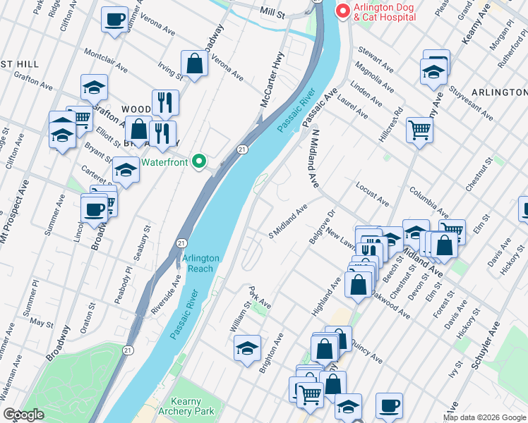 map of restaurants, bars, coffee shops, grocery stores, and more near 14 Stevenson Place in Kearny