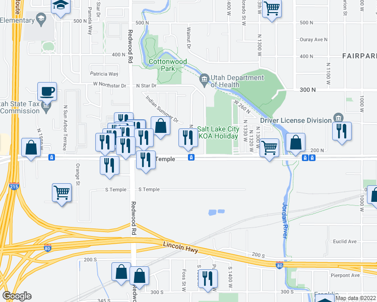 map of restaurants, bars, coffee shops, grocery stores, and more near 1528 West North Temple in Salt Lake City