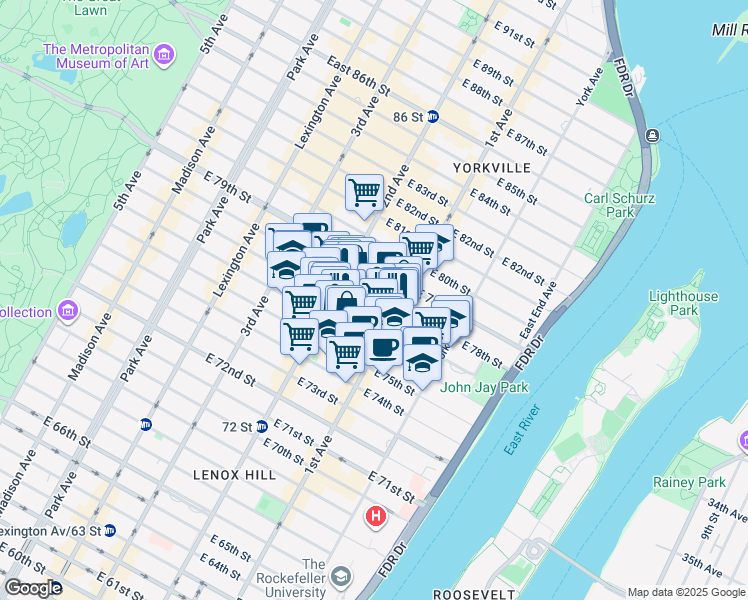map of restaurants, bars, coffee shops, grocery stores, and more near 338 East 78th Street in New York