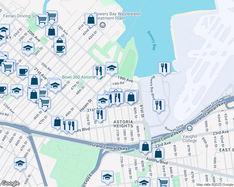 map of restaurants, bars, coffee shops, grocery stores, and more near 19-58 78th Street in Queens