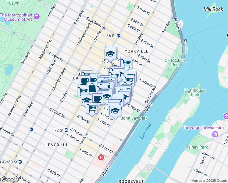map of restaurants, bars, coffee shops, grocery stores, and more near 404 East 79th Street in New York