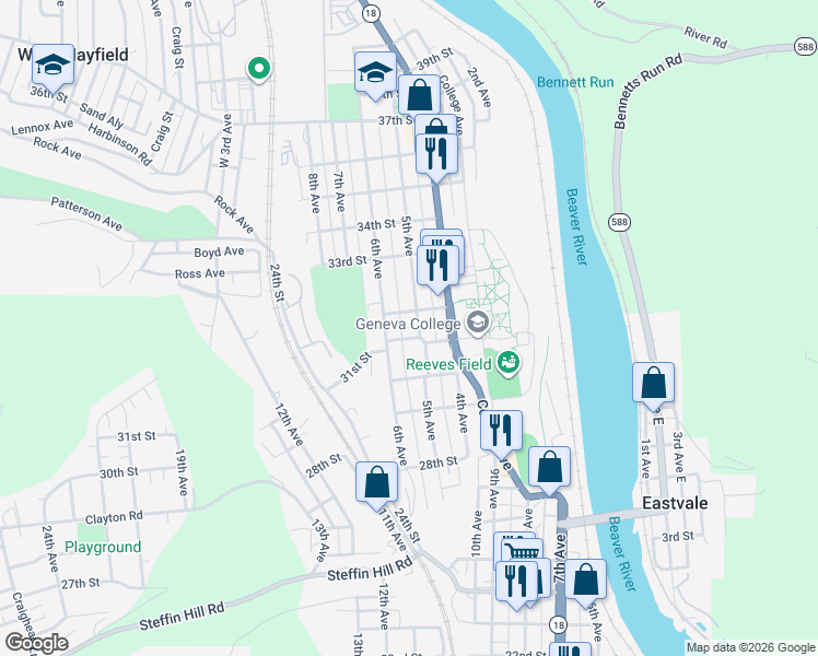map of restaurants, bars, coffee shops, grocery stores, and more near 3105 5th Avenue in Beaver Falls