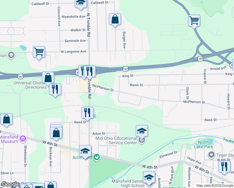 map of restaurants, bars, coffee shops, grocery stores, and more near 382 Woodridge Drive in Mansfield
