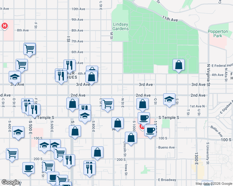 map of restaurants, bars, coffee shops, grocery stores, and more near 90 M Street in Salt Lake City