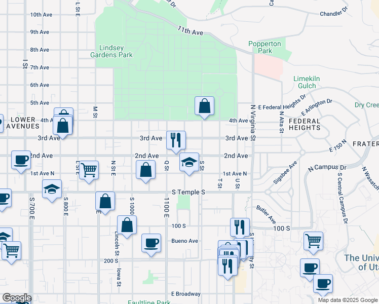 map of restaurants, bars, coffee shops, grocery stores, and more near 1055 East 2nd Avenue in Salt Lake City