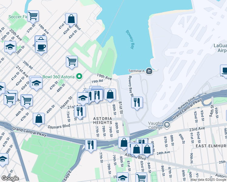 map of restaurants, bars, coffee shops, grocery stores, and more near 19-39 80th Street in Queens
