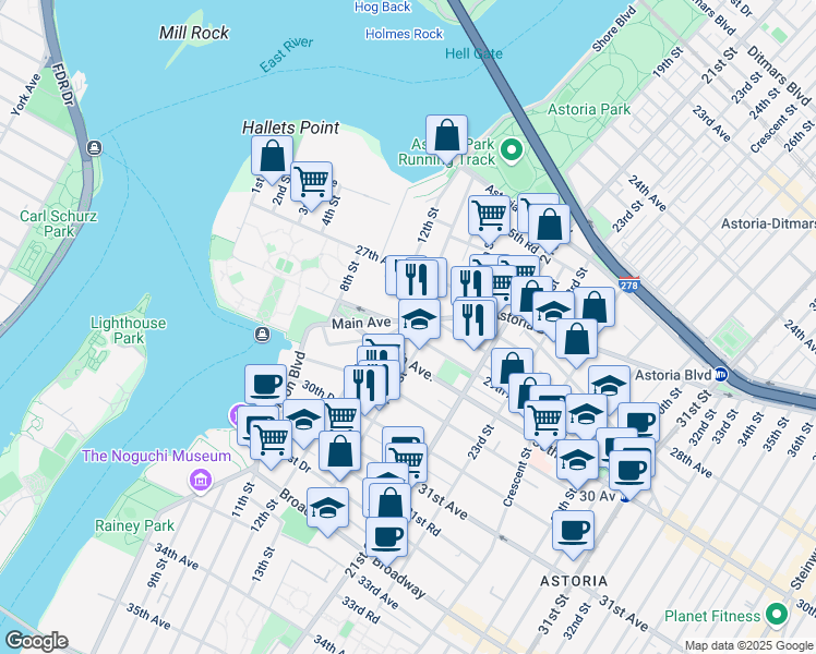 map of restaurants, bars, coffee shops, grocery stores, and more near in Queens